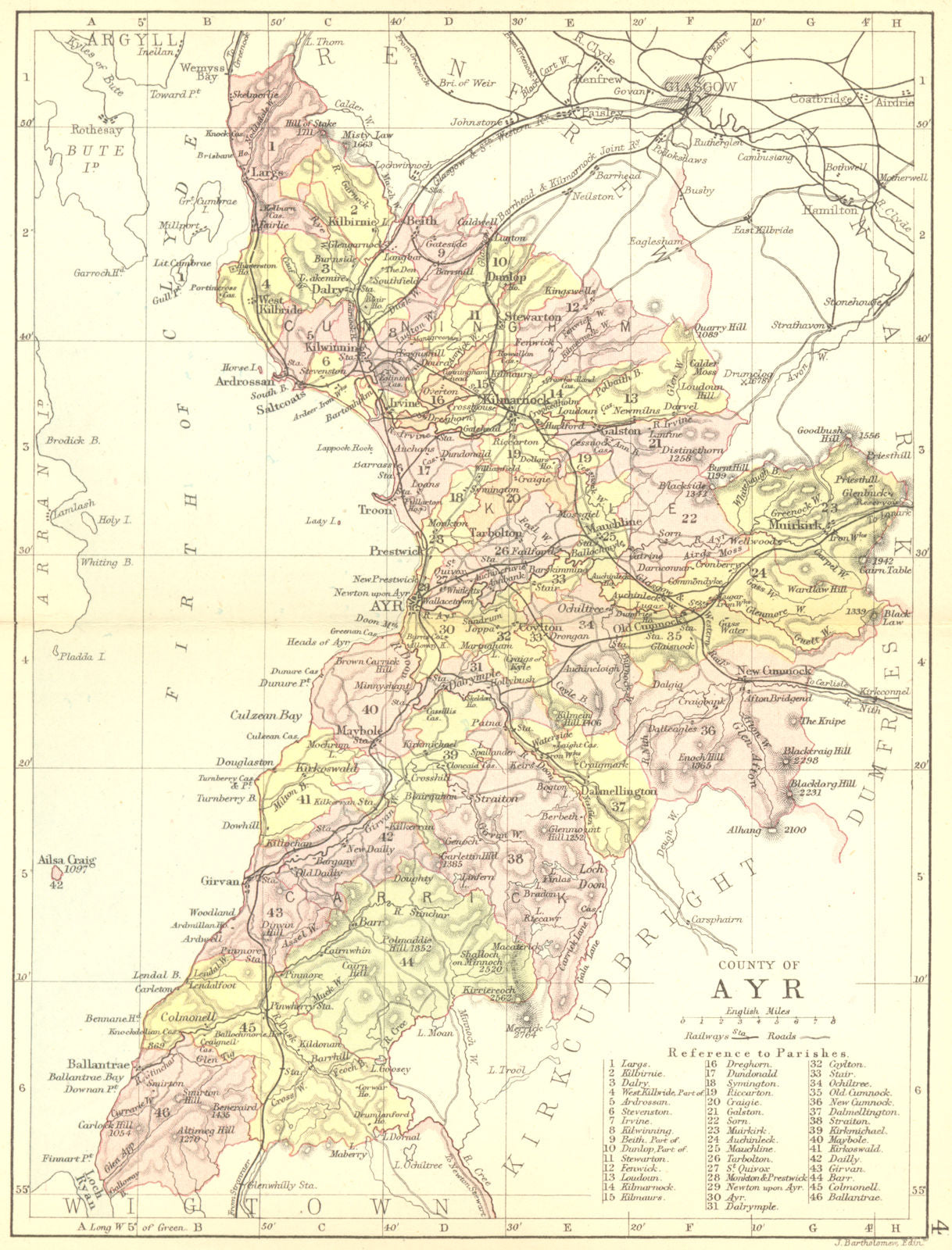 SCOTLAND. Ayr. Ayrshire. Philip 1891 old antique vintage map plan chart
